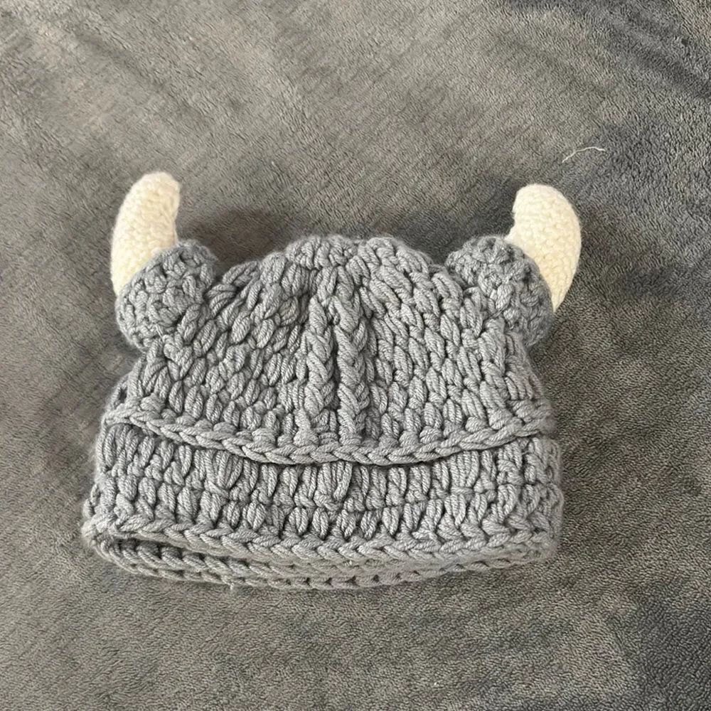 Cozy Gray and Cream Cable-Knit Hat with Horns for Baby